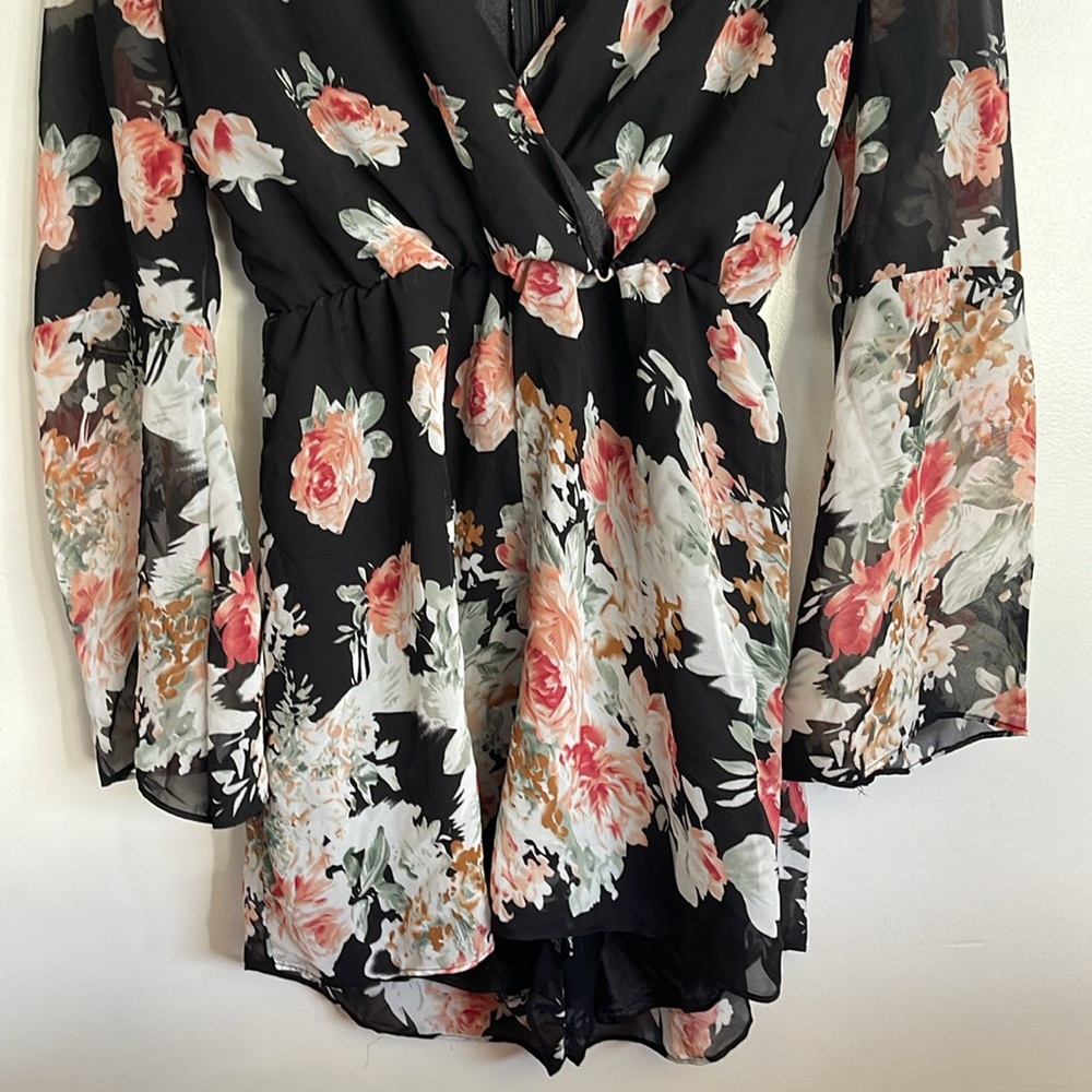 Choies Black Multicolored Floral Chiffon V-Neck Bell Long Sleeve Flowy Romper - Picture 7 of 13